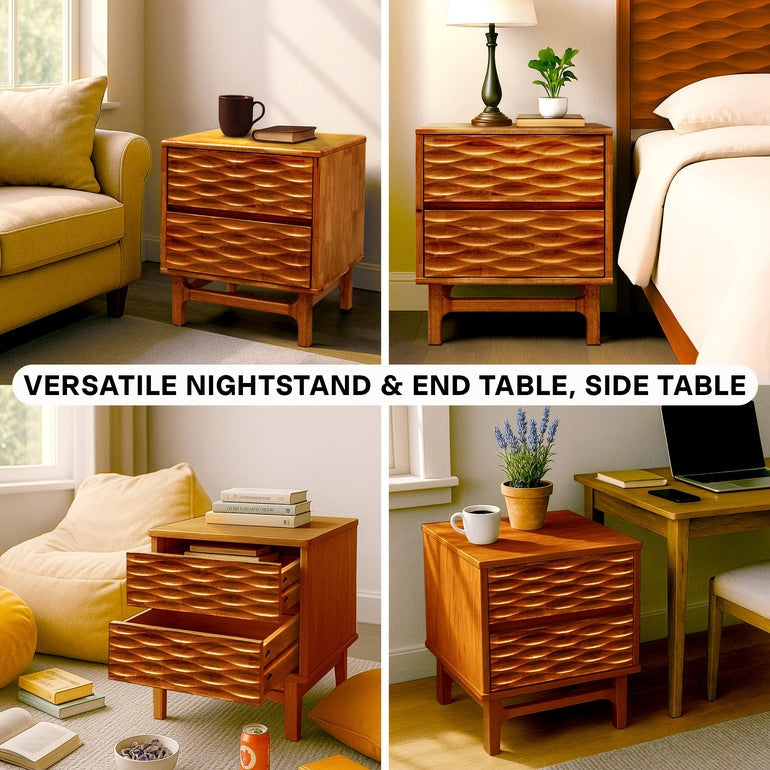 Elara Acacia Nightstand with 2 Drawers - Walnut, Caramel, Oak