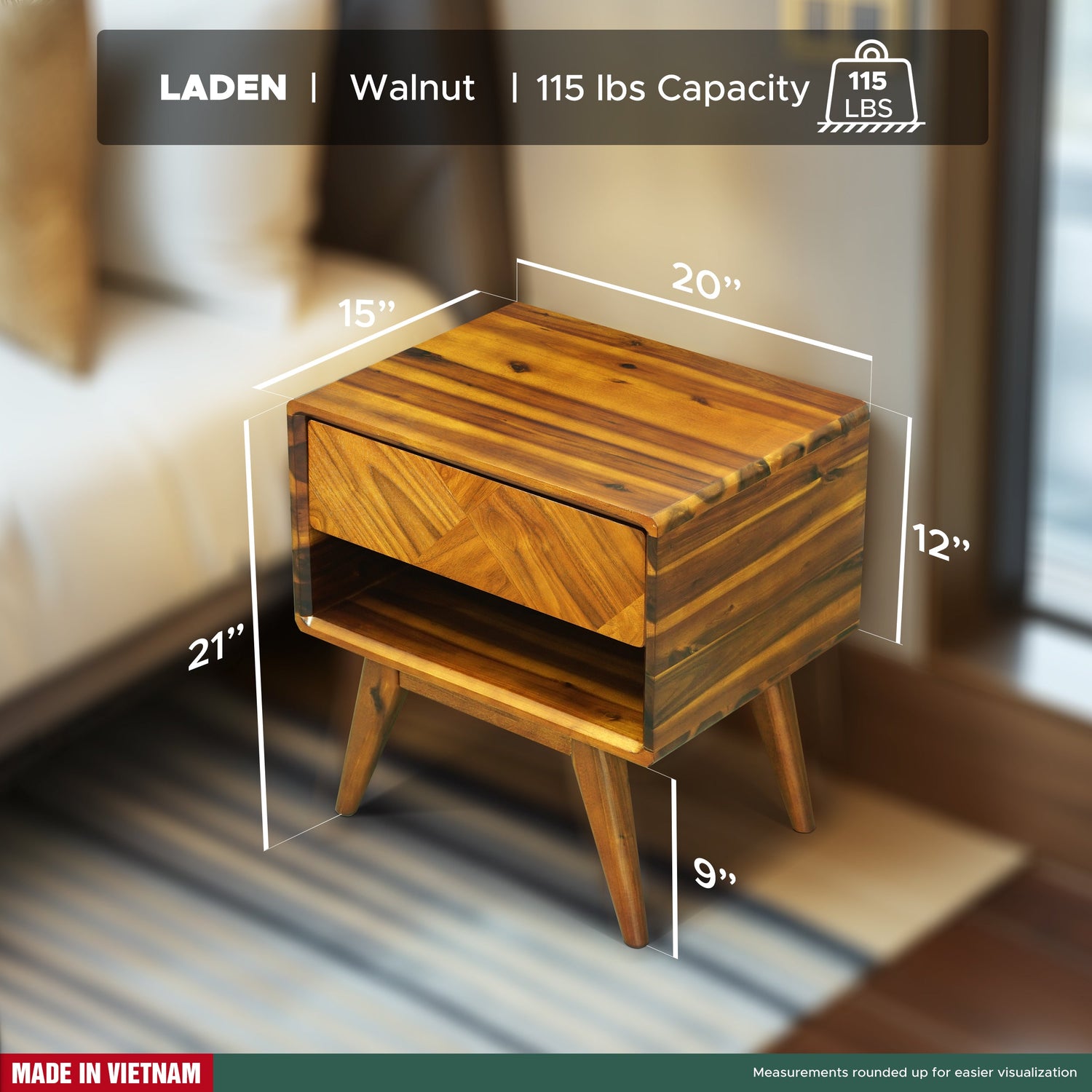 Laden Acacia Nightstand with Drawer - Caramel or Walnut