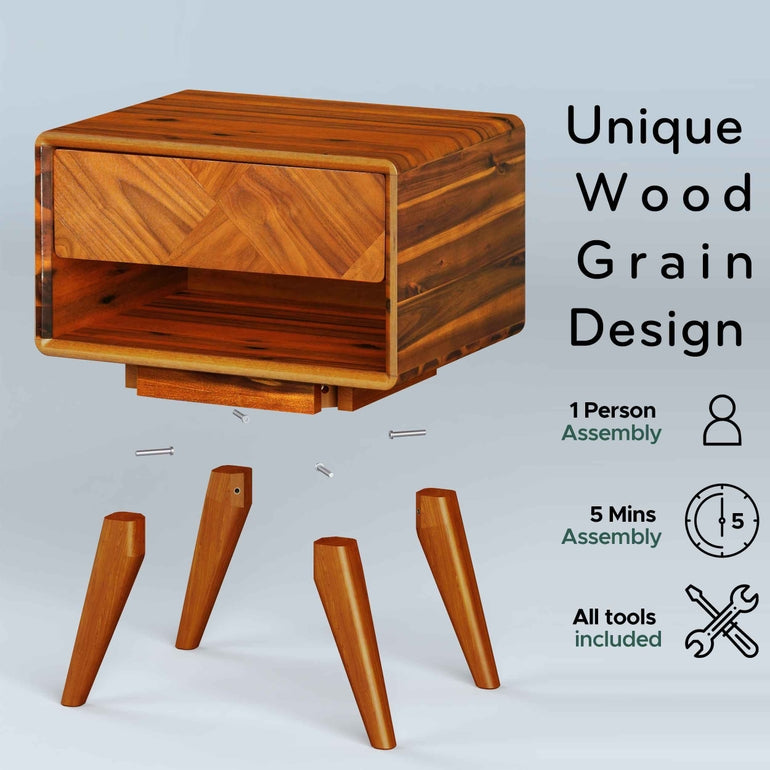 Laden Acacia Nightstand with Drawer - Caramel or Walnut