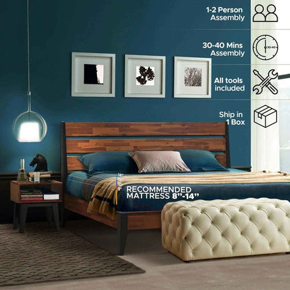 Emery Bed Frame &amp; Nightstand Set - Acacia Solid Wood in Walnut, or Americano