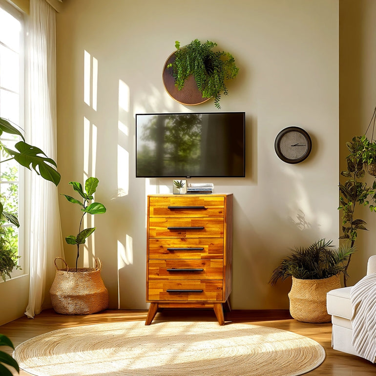 Acacia Linea Solid Wood Dresser in Caramel or Walnut