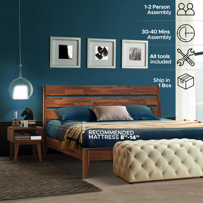 Emery Bed Frame &amp; Nightstand Set - Acacia Solid Wood in Walnut, or Americano