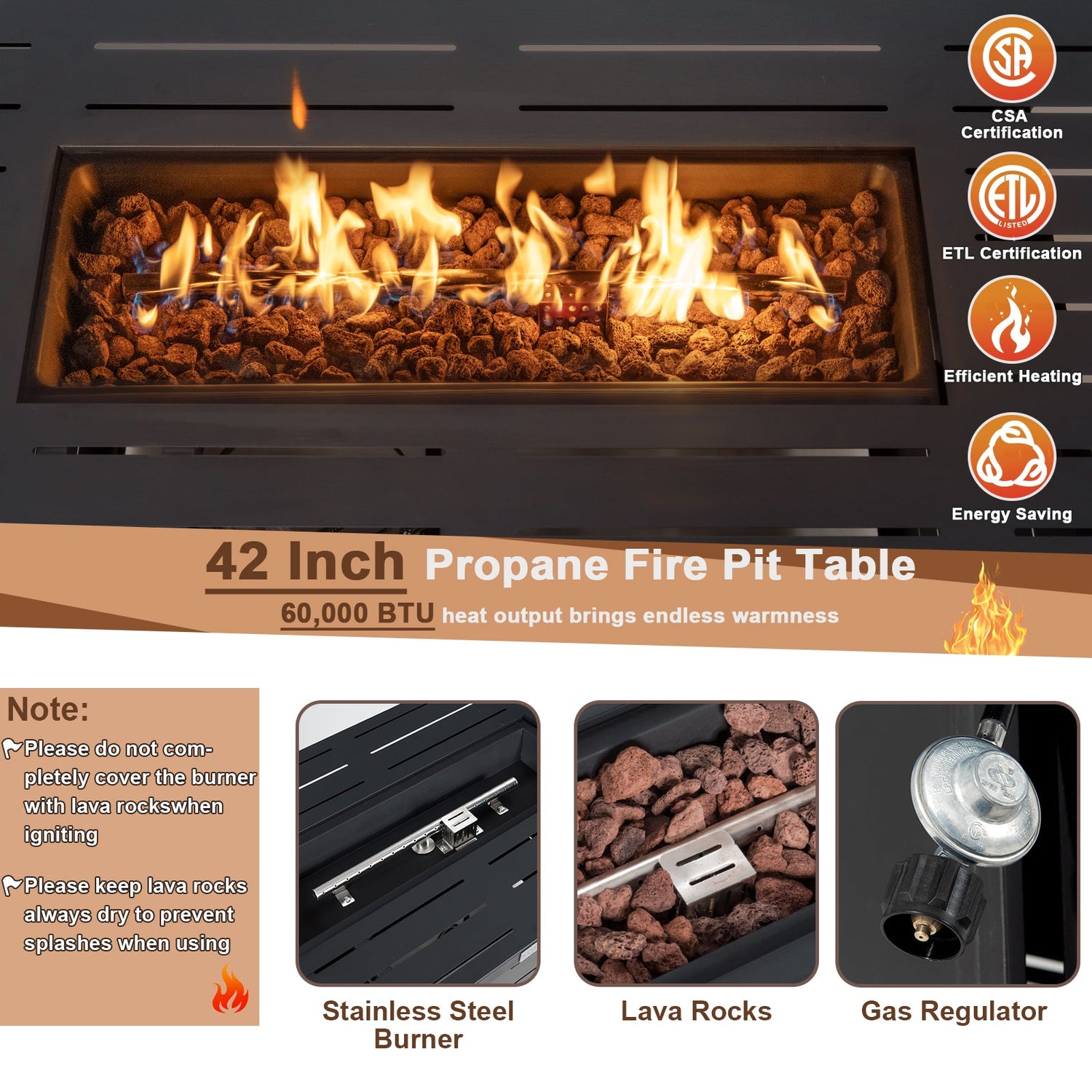 42 Inch 60,000 BTU Rectangular Propane Fire Pit Table with Waterproof Cover