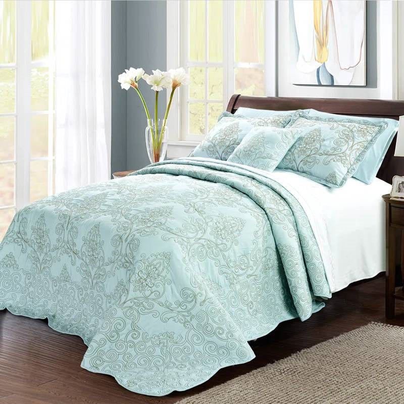 Light Blue Damask Embroidered 4 Piece Oversized Bedspread Set - Queen