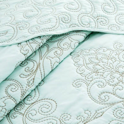 Light Blue Damask Embroidered 4 Piece Oversized Bedspread Set - Queen