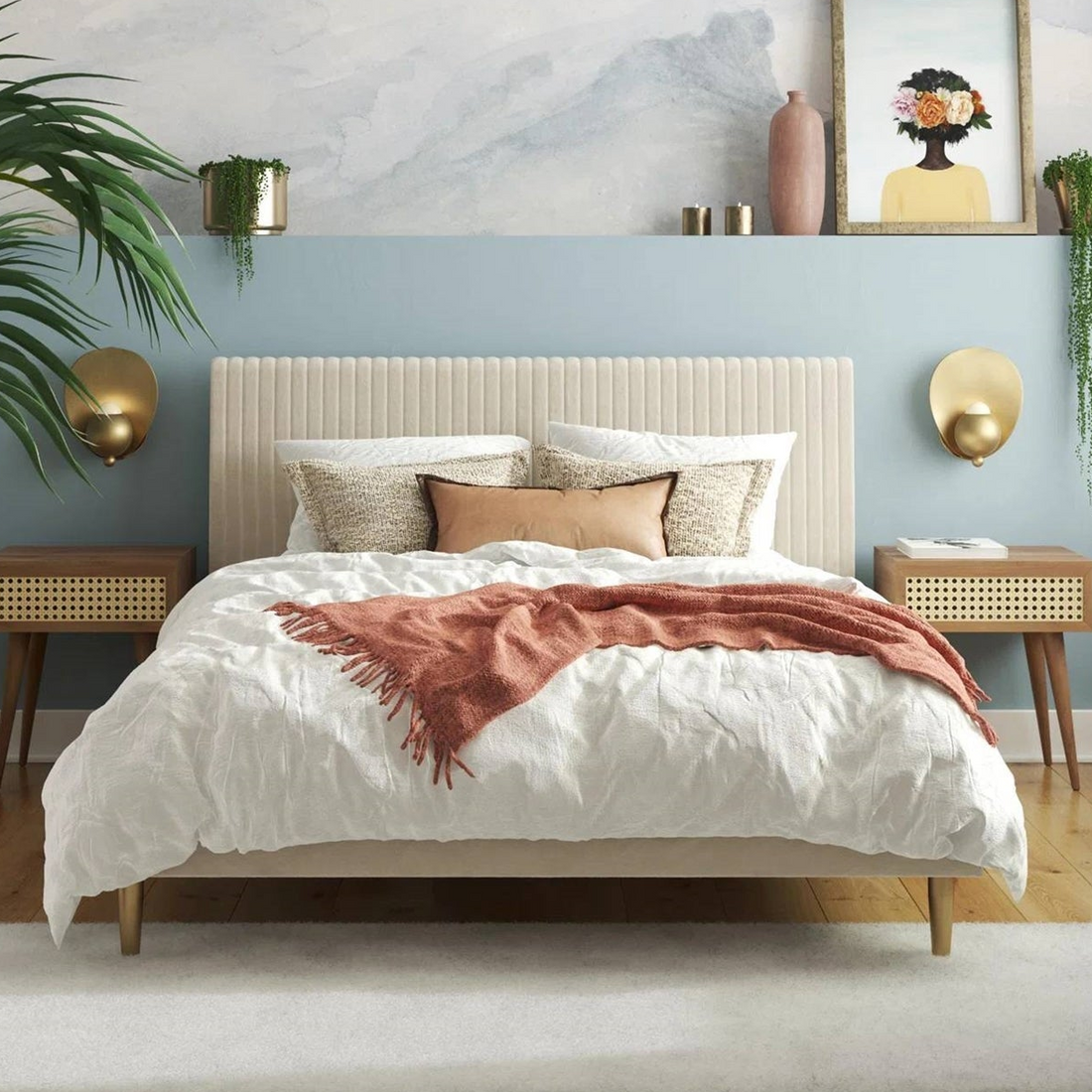 Queen Mid-Century Ivory Cream Velvet Upholstered Platform Bed with Headboard