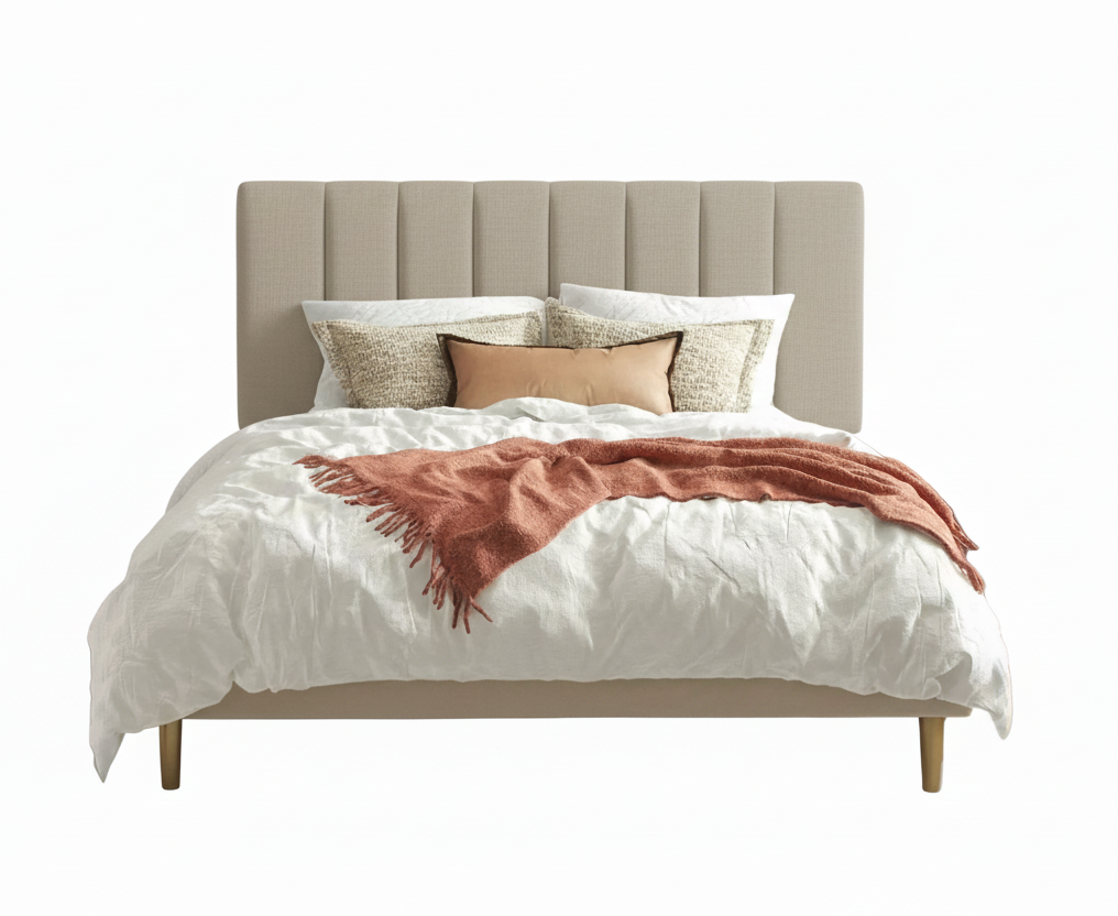 Queen Mid-Century Ivory Cream Velvet Upholstered Platform Bed with Headboard