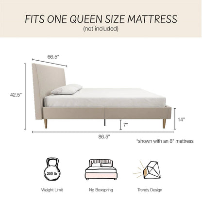 Queen Mid-Century Ivory Cream Velvet Upholstered Platform Bed with Headboard