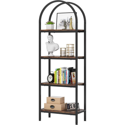 Modern Industrial Curved Bookcase with Wooden Shelves