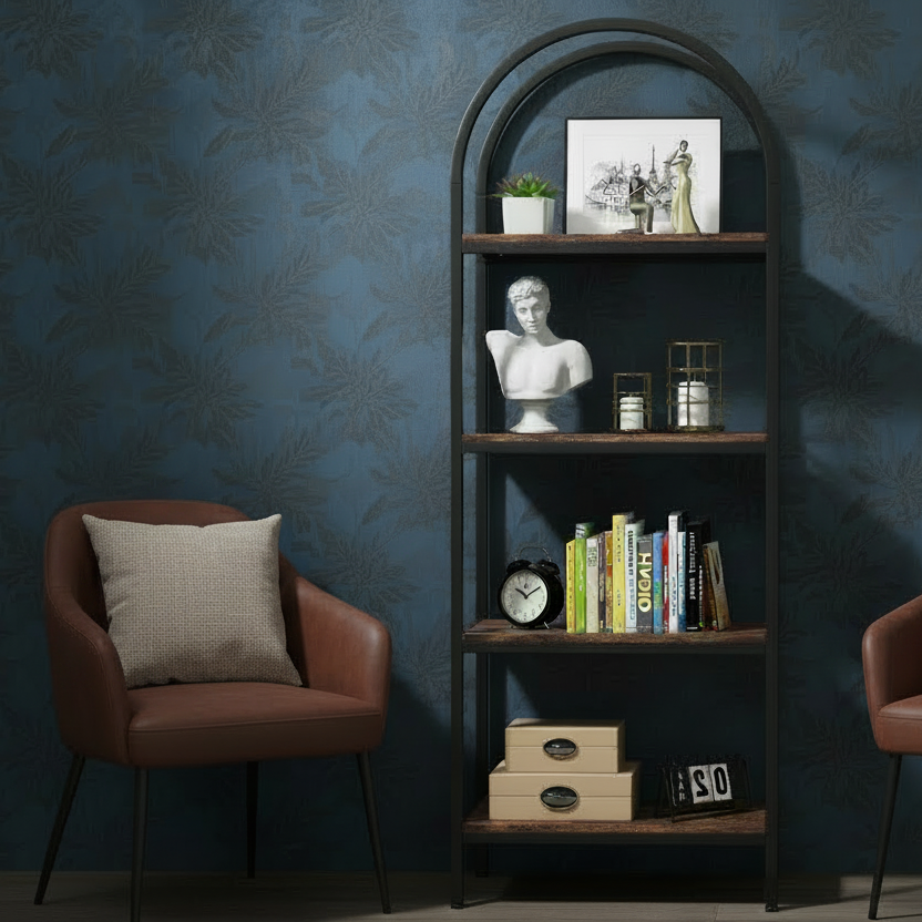 Modern Industrial Curved Bookcase with Wooden Shelves