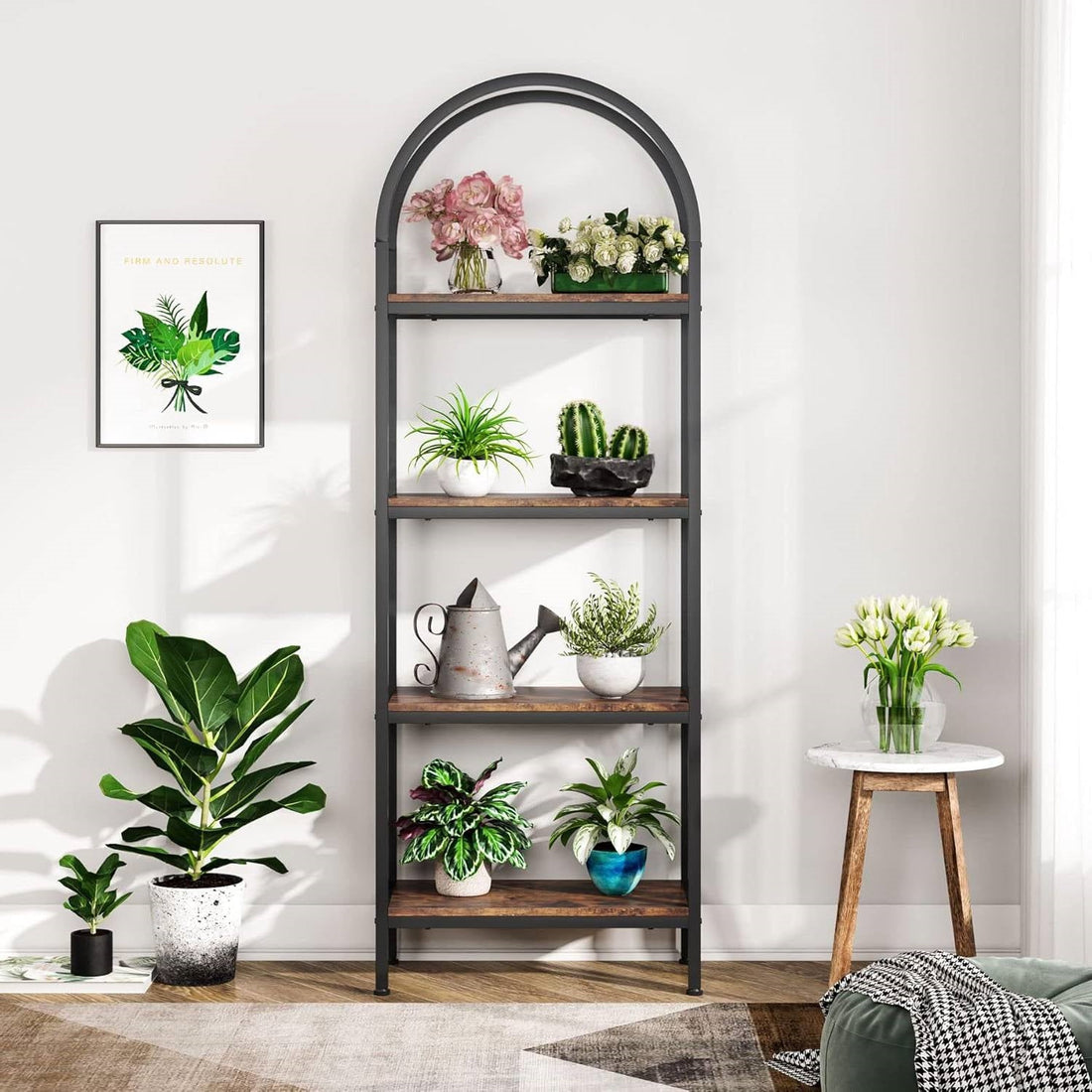 Modern Industrial Curved Bookcase with Wooden Shelves