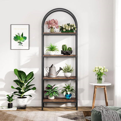 Modern Industrial Curved Bookcase with Wooden Shelves