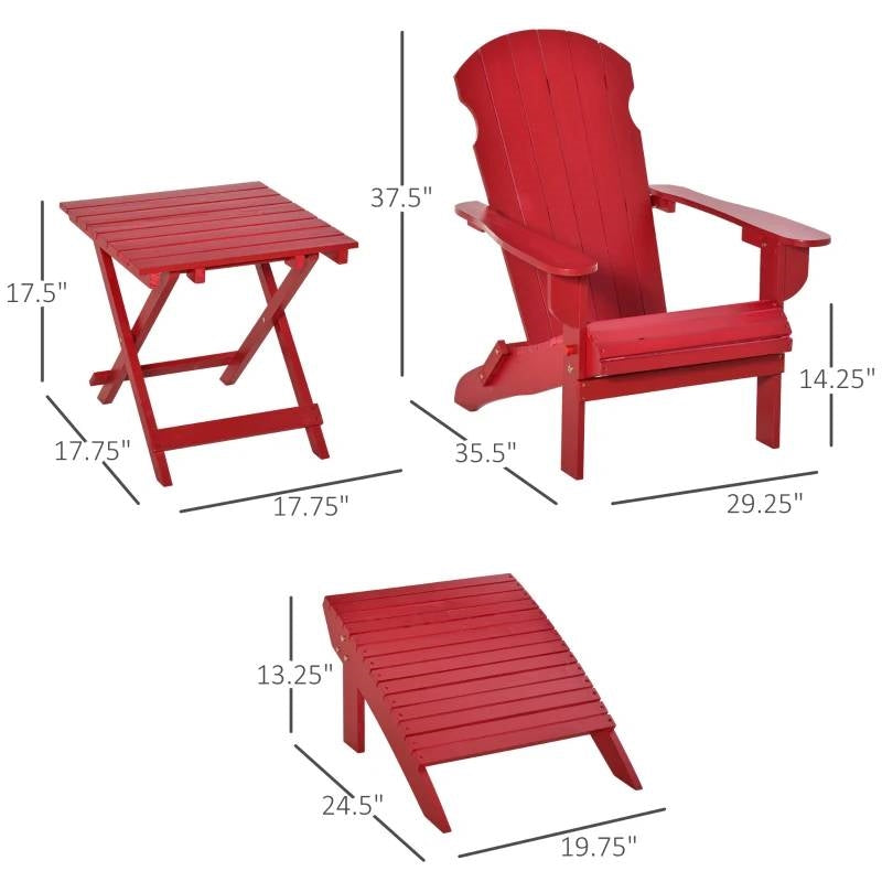 3-Piece Red Folding Adirondack Chair Ottoman and Side Table