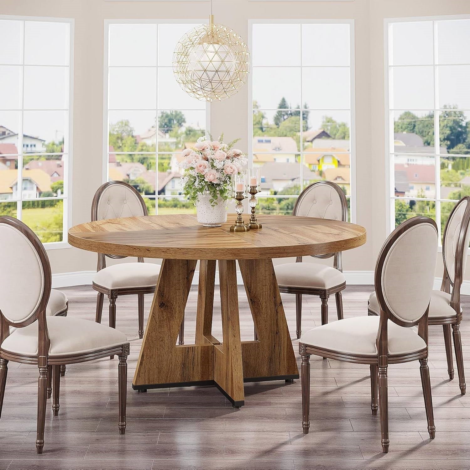 Modern Kitchen Round Dining Table for 4 in Medium Oak Wood Finish