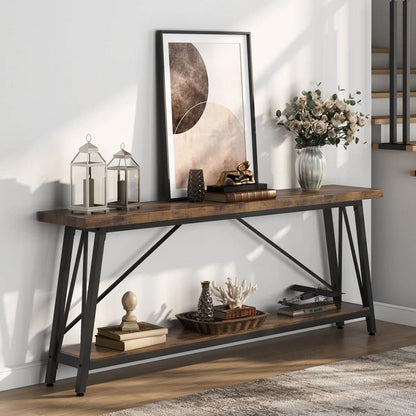 Sturdy 70-inch Industrial Barn Wood Console Table with Black Metal Frame