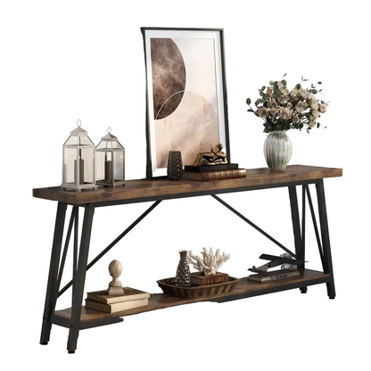 Sturdy 70-inch Industrial Barn Wood Console Table with Black Metal Frame