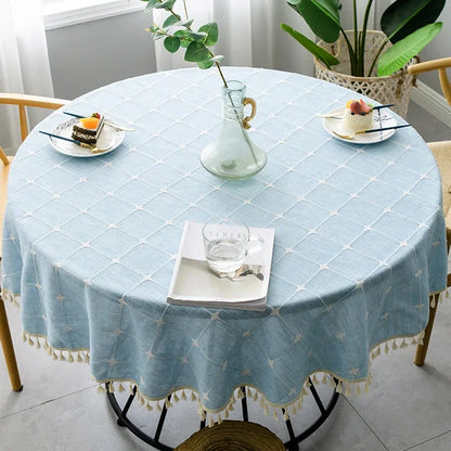 Embroidered Lattice Cotton/Linen Table Cloths - Natural, Sky Blue, Light Gray
