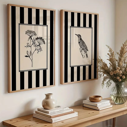 Black Bird &amp; Floral Wall Art Set - (Frameless)