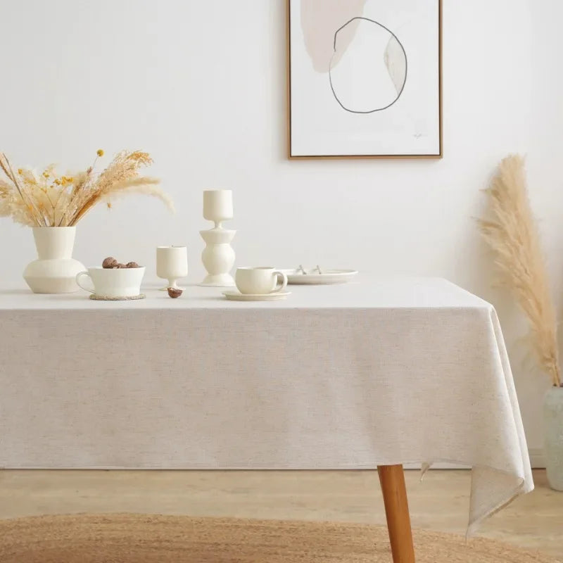 Cotton Linen Tablecloth with Ruffled, Straight, Or Tasseled Edge - Cream