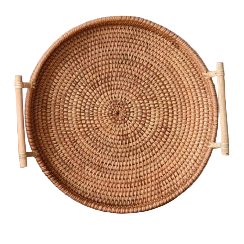 Handwoven Rattan Tray With Wooden Handles - 3 Sizes