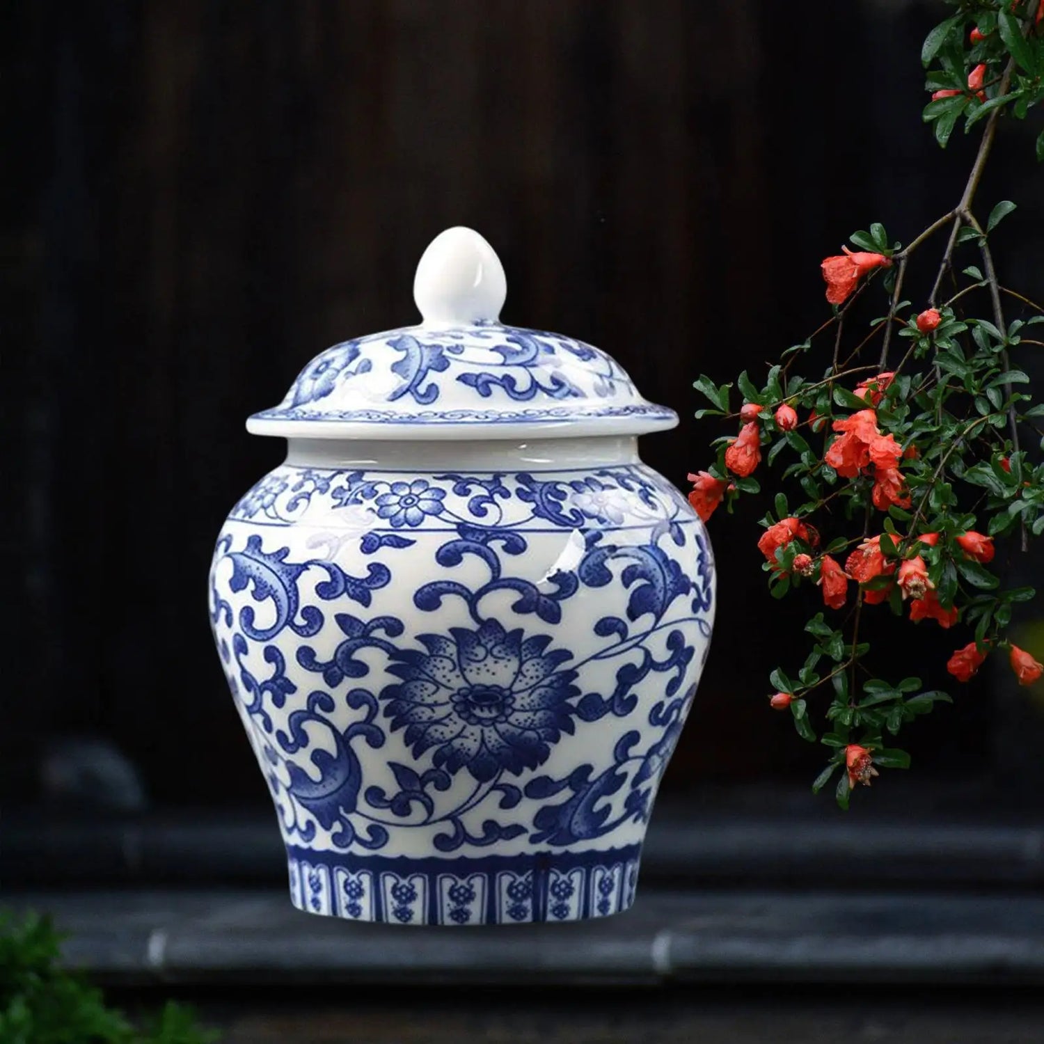 Chinoiserie Blue &amp; White Porcelain Ginger Jar