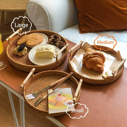 Handwoven Rattan Tray With Wooden Handles - 3 Sizes