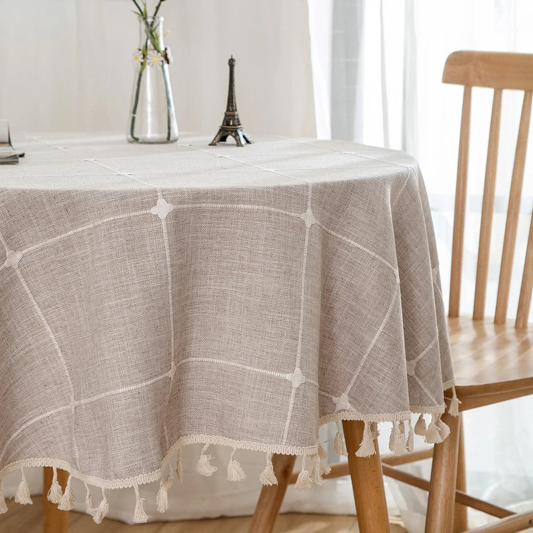 Embroidered Lattice Cotton/Linen Table Cloths - Natural, Sky Blue, Light Gray