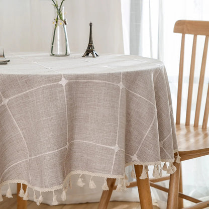 Embroidered Lattice Cotton/Linen Table Cloths - Natural, Sky Blue, Light Gray