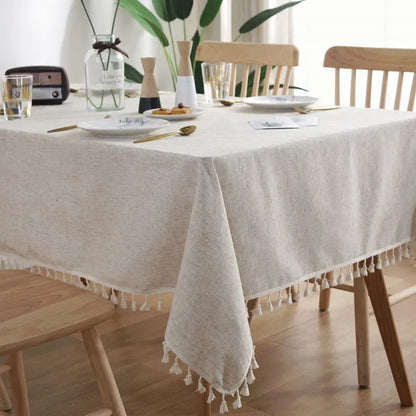 Cotton Linen Tablecloth with Ruffled, Straight, Or Tasseled Edge - Cream