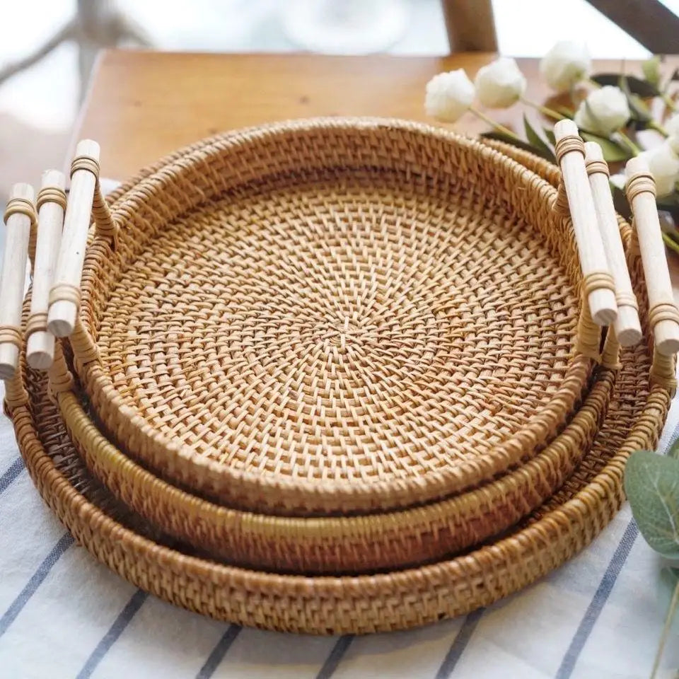 Handwoven Rattan Tray With Wooden Handles - 3 Sizes