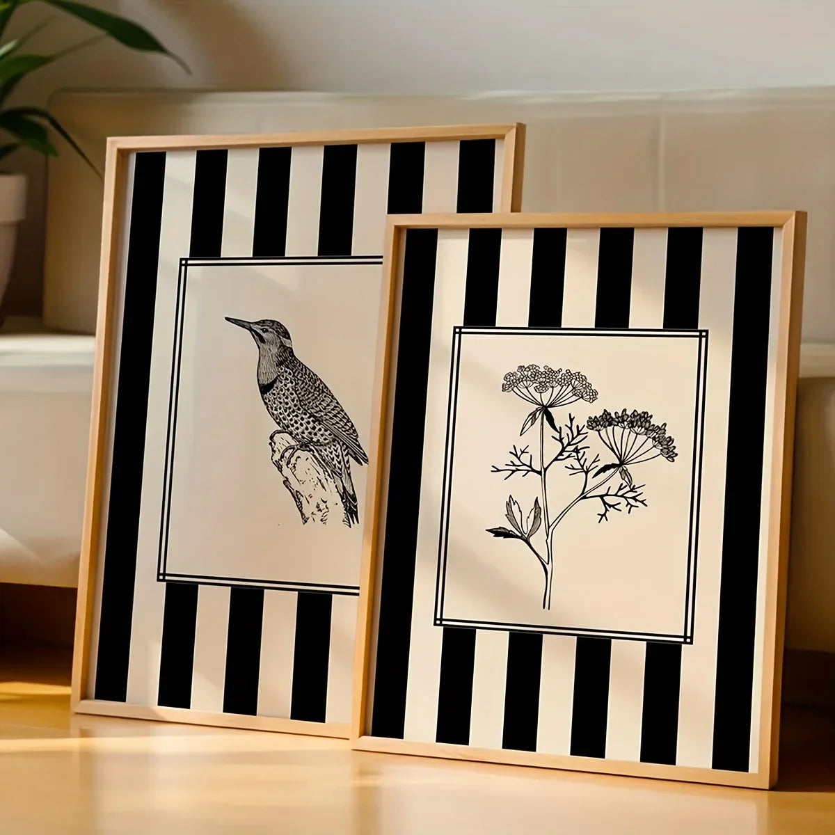 Black Bird &amp; Floral Wall Art Set - (Frameless)
