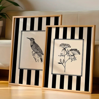Black Bird &amp; Floral Wall Art Set - (Frameless)