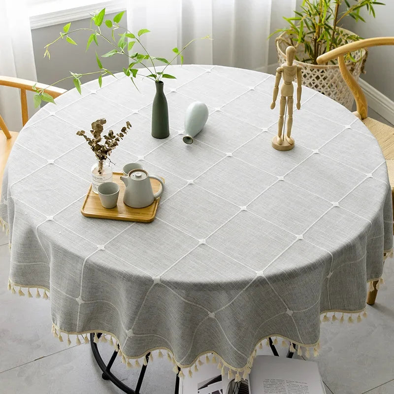 Embroidered Lattice Cotton/Linen Table Cloths - Natural, Sky Blue, Light Gray