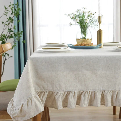 Cotton Linen Tablecloth with Ruffled, Straight, Or Tasseled Edge - Cream