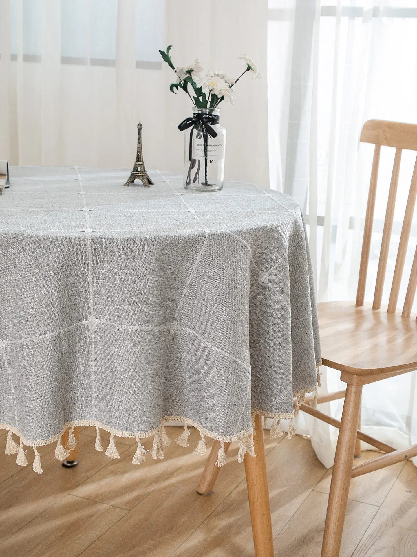 Embroidered Lattice Cotton/Linen Table Cloths - Natural, Sky Blue, Light Gray