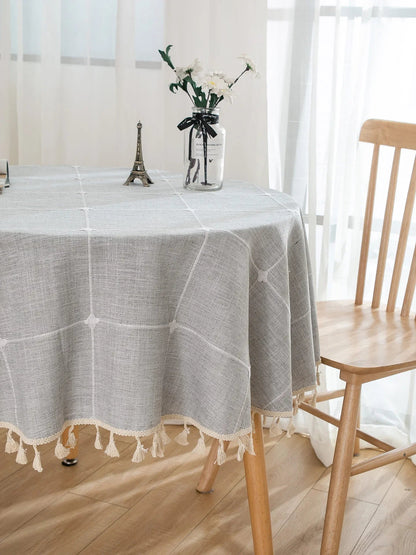 Embroidered Lattice Cotton/Linen Table Cloths - Natural, Sky Blue, Light Gray