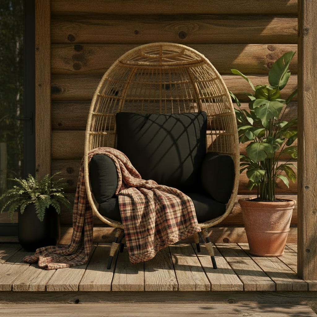 Oversized Patio Lounger Indoor/Outdoor Wicker Egg Chair - Black