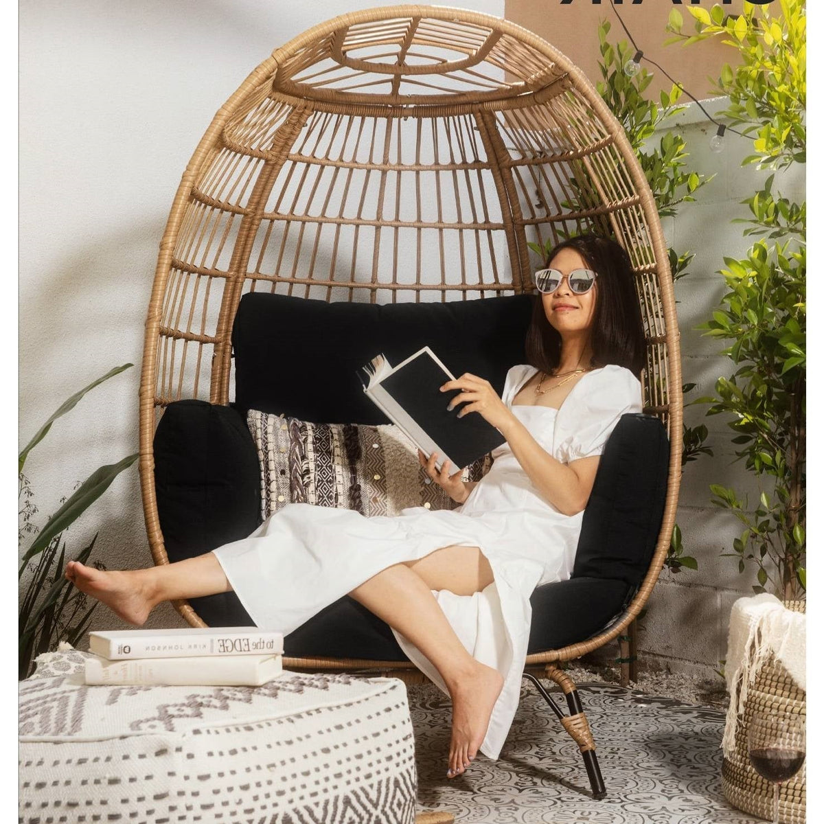 Oversized Patio Lounger Indoor/Outdoor Wicker Egg Chair - Black