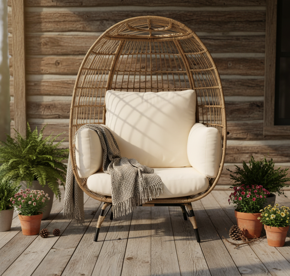 Oversized Patio Lounger Indoor/Outdoor Wicker Egg Chair - Off White