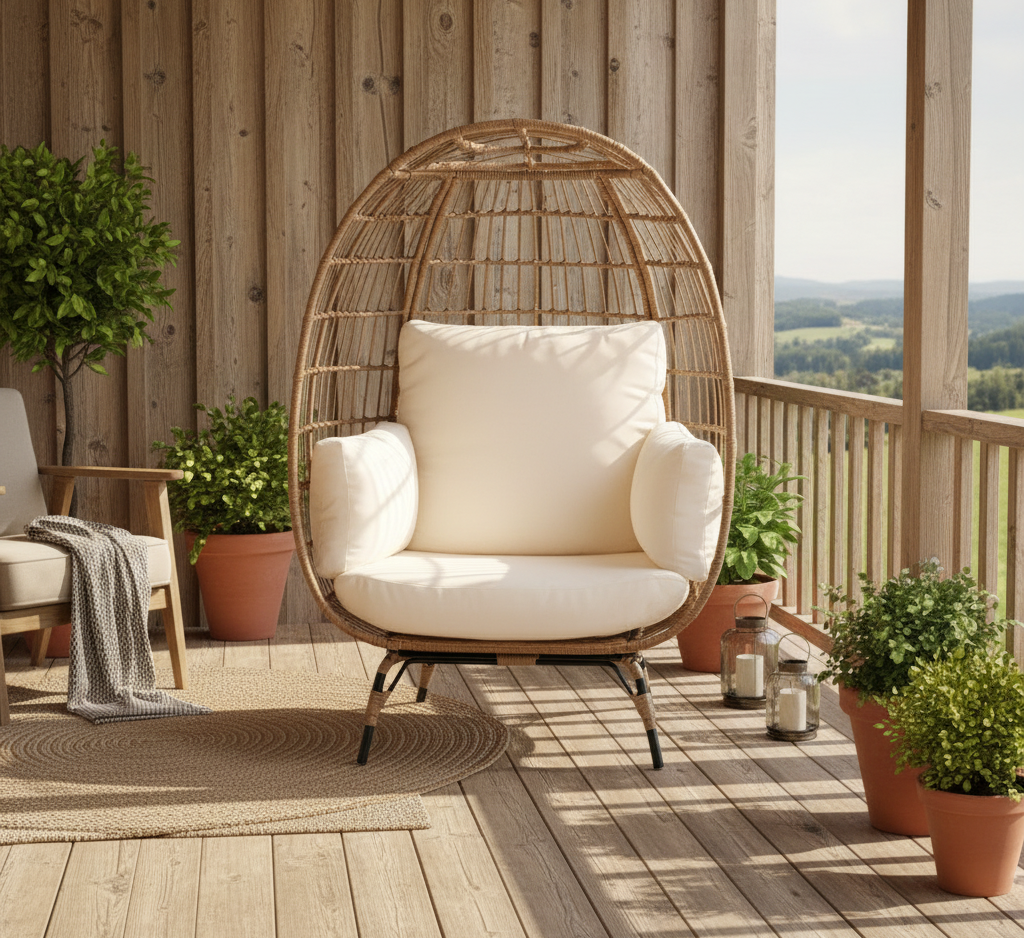 Oversized Patio Lounger Indoor/Outdoor Wicker Egg Chair - Off White