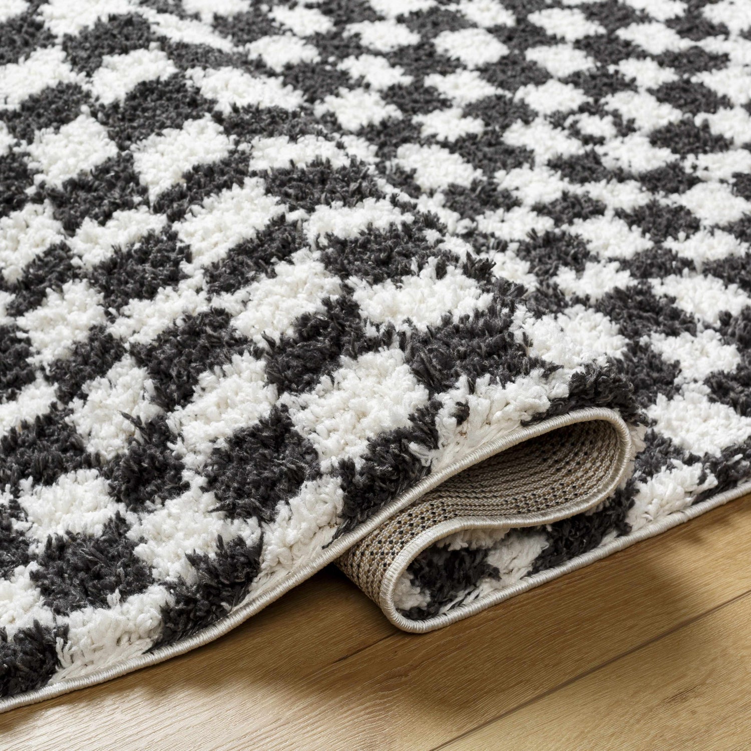 Kieu Black &amp; White Checkered Shag Rug