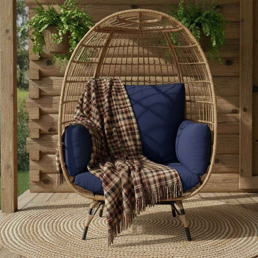 Oversized Patio Lounger Indoor/Outdoor Wicker Rattan Egg Chair - Dark Blue
