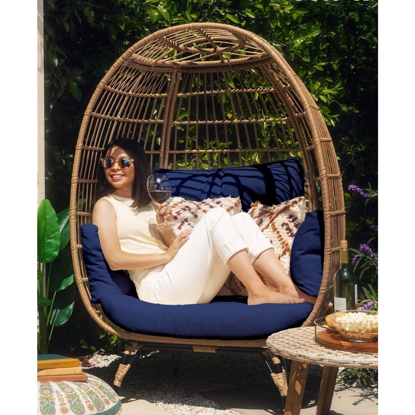 Oversized Patio Lounger Indoor/Outdoor Wicker Rattan Egg Chair - Dark Blue