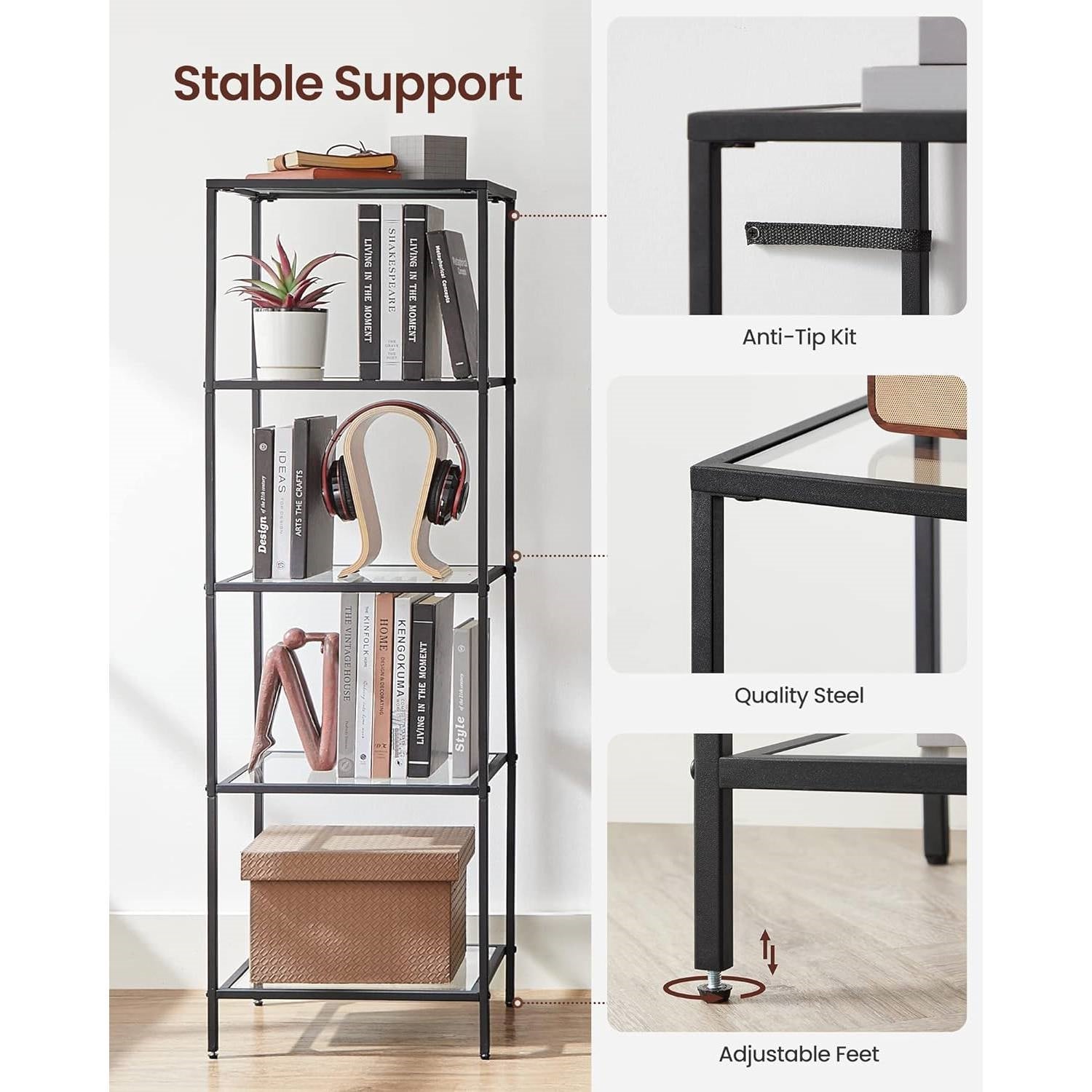 Shelving with Black Metal Frame and 4 Glass Shelves