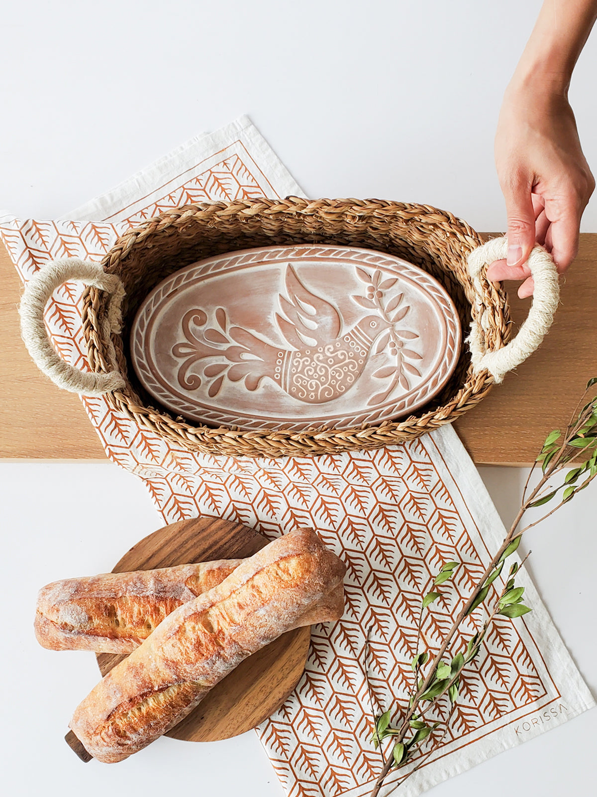 Bread Warmer &amp; Basket Gift Set with Tea Towel - Bird Oval