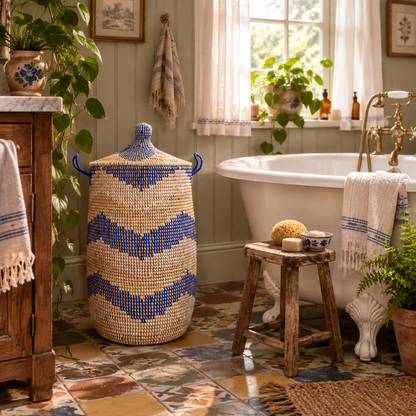 Large Hamper Basket - Blue + Natural Chevron