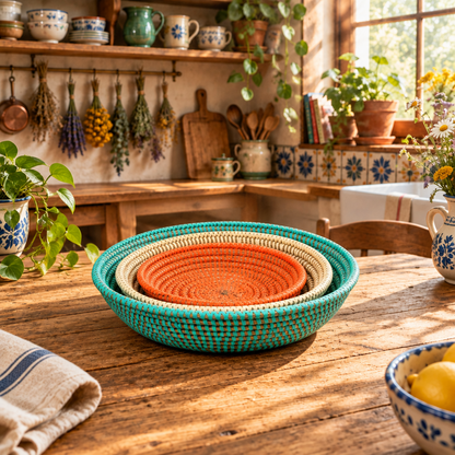 Set of 3 Tabletop Basket Bowls - Orange/ Turquoise/ White