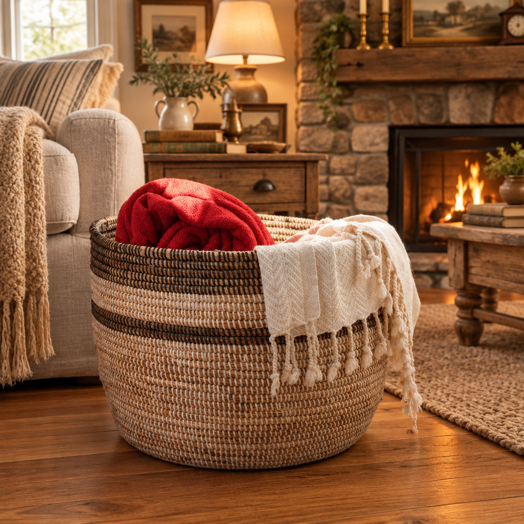 Black and White Stripe Basket - Large