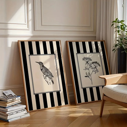 Black Bird &amp; Floral Wall Art Set - (Frameless)