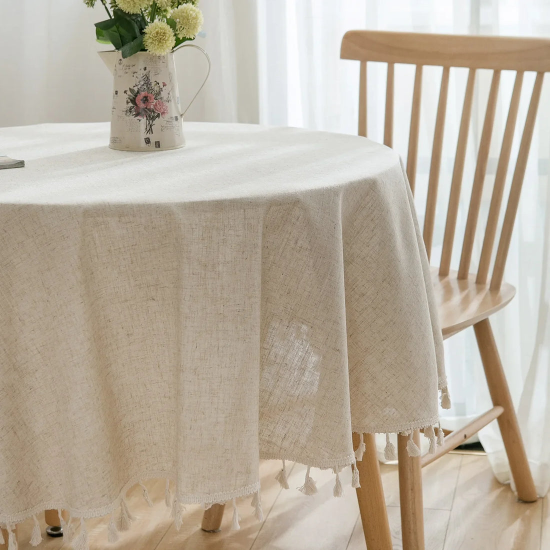 Round Linen Tablecloth with Tassels